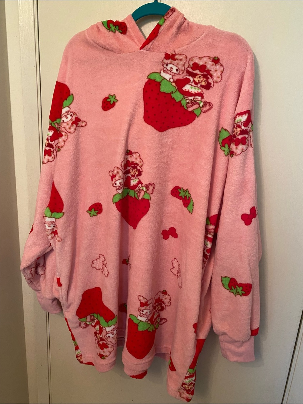 Oversized My Melody X Strawberry Shortcake Hooded Plush Tunic. One size fits all